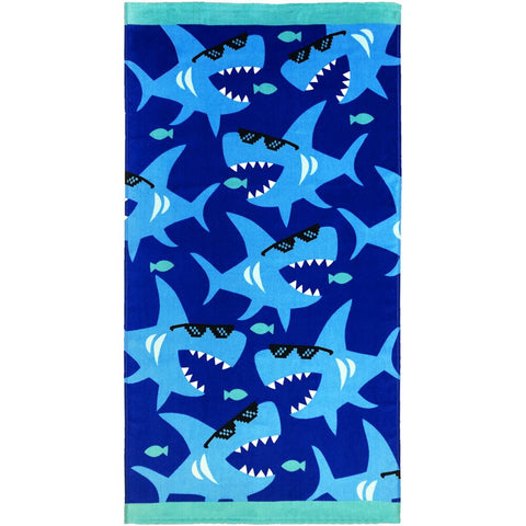 28" X 51" Cool Sharks Sunglasses Velour Beach Towel 100% Cotton (Case of 24)