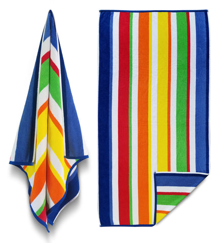32x63 Terry Beach Towels Cotton Velour Maya Island Joy-Exclusive Multicolor, Cabana Stripe Beach & Pool Towel 14 lbs per doz, 100% Cotton (Full Case 24 Towels)