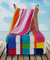 32x63 Terry Beach Towels Cotton Velour Maya Island Joy-Exclusive Multicolor, Cabana Stripe Beach & Pool Towel 14 lbs per doz, 100% Cotton (Full Case 24 Towels)