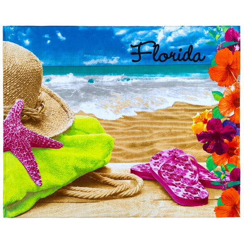 Beach Scene Florida Beach 100% Cotton Velour Beach Blanket 54"x 68" (Case of 12)