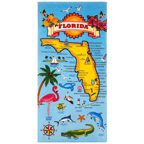 Florida Map 100% Cotton Velour Beach Towels 30"x  60" (Case of 12)