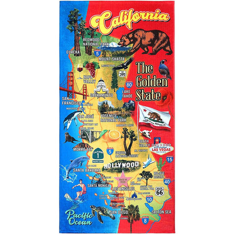 California Map 100% Cotton Velour Beach Towels 30" x 60" (Case of 12)